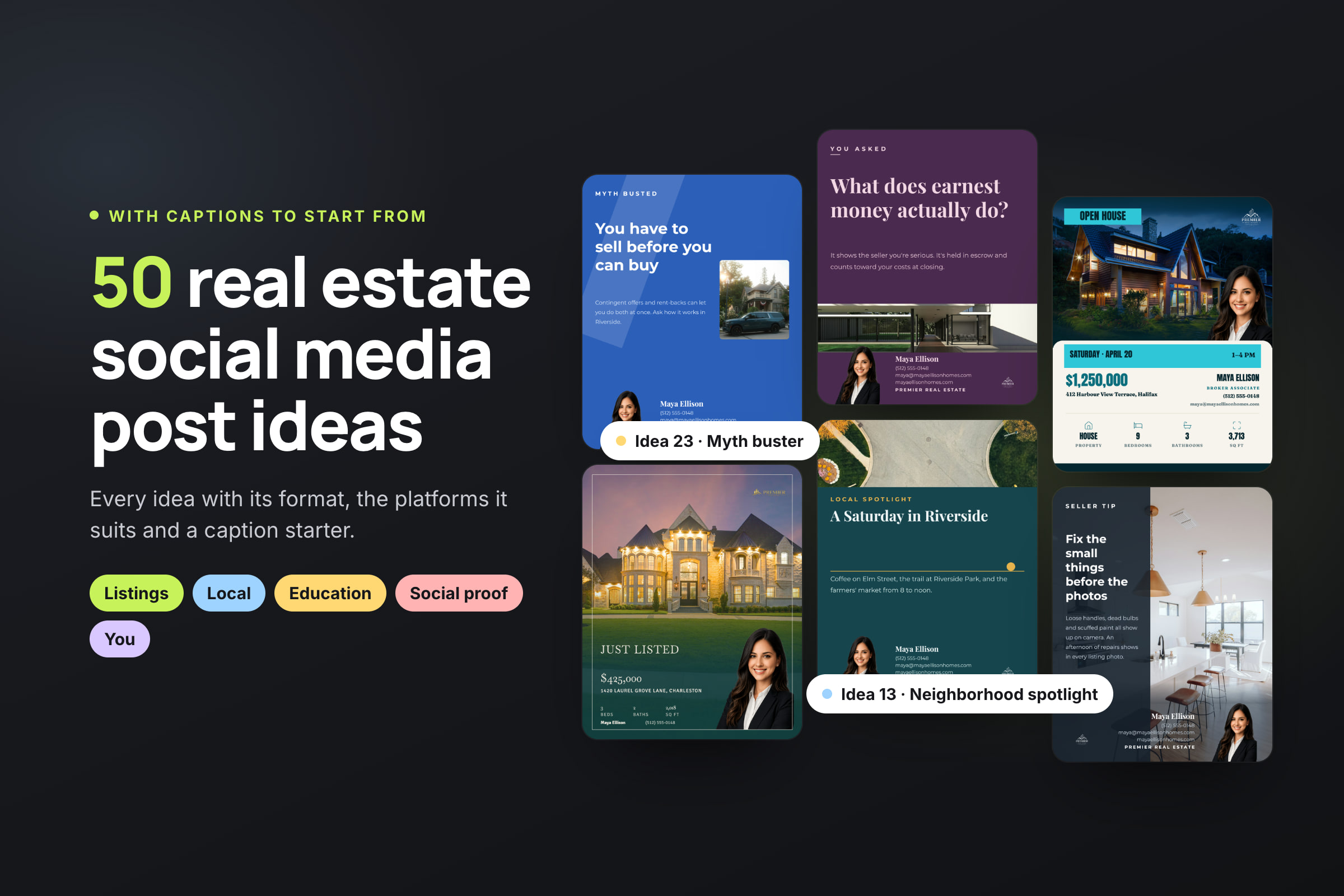 50 real estate social media post ideas, shown as branded listing, neighborhood, tip and Q&A posts