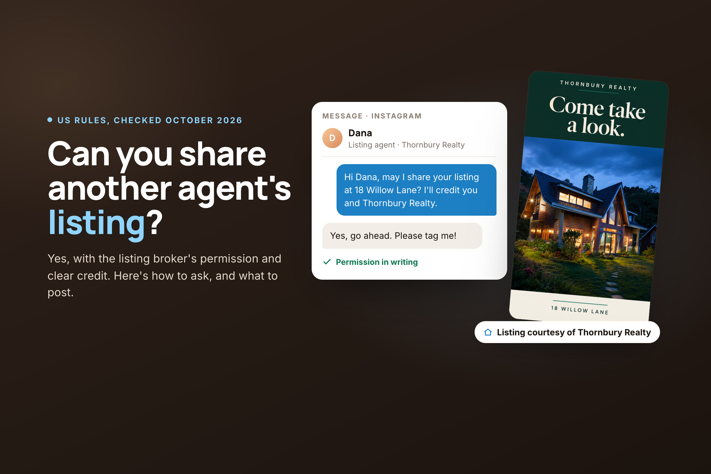 Guide to sharing another agent's listing on social media, with a permission message and a post that credits the listing brokerage