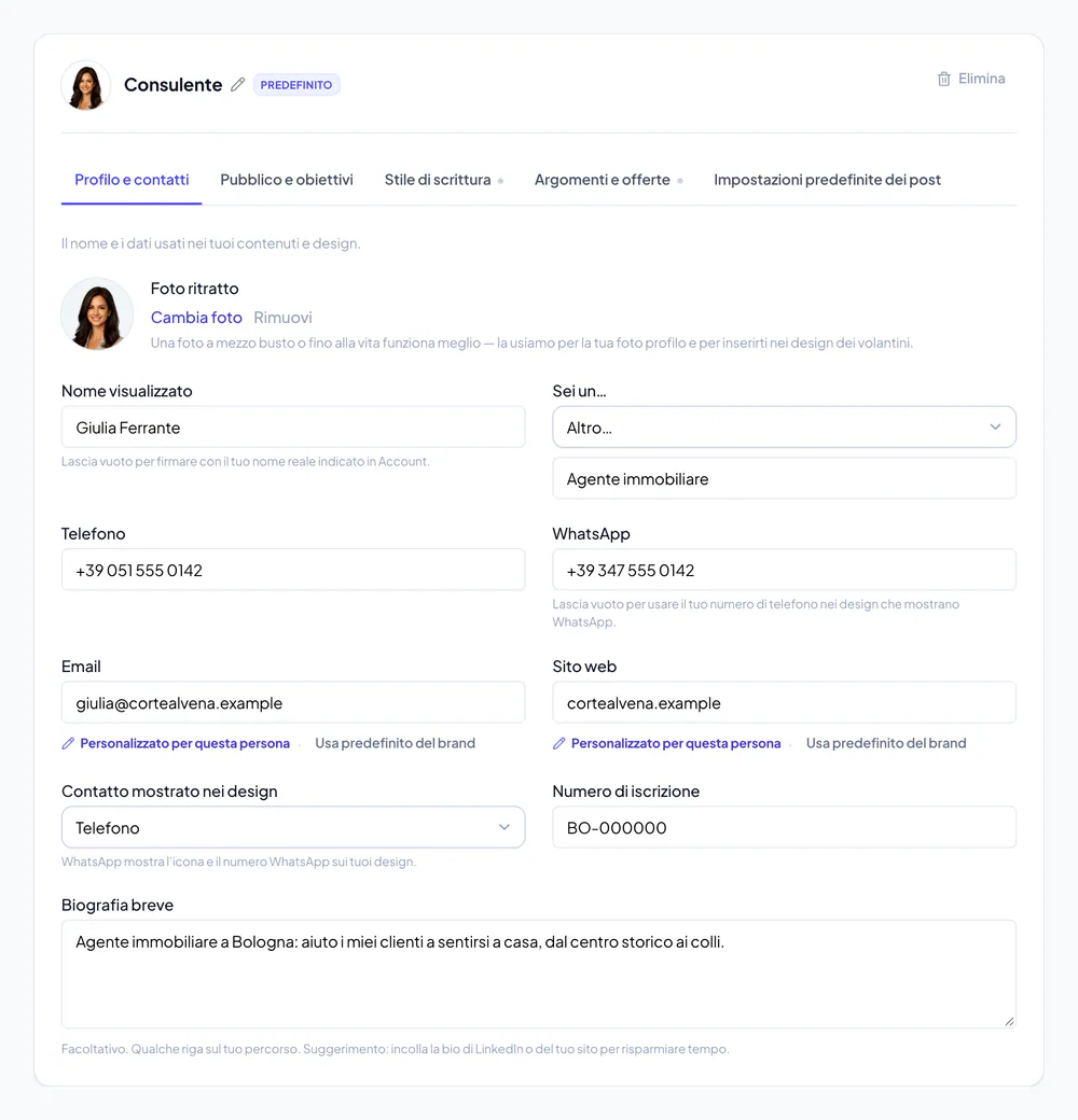 Impostazioni Identità di Velisto con foto ritratto, telefono, WhatsApp, contatto da mostrare nei design, email, sito web e numero di iscrizione al REA.