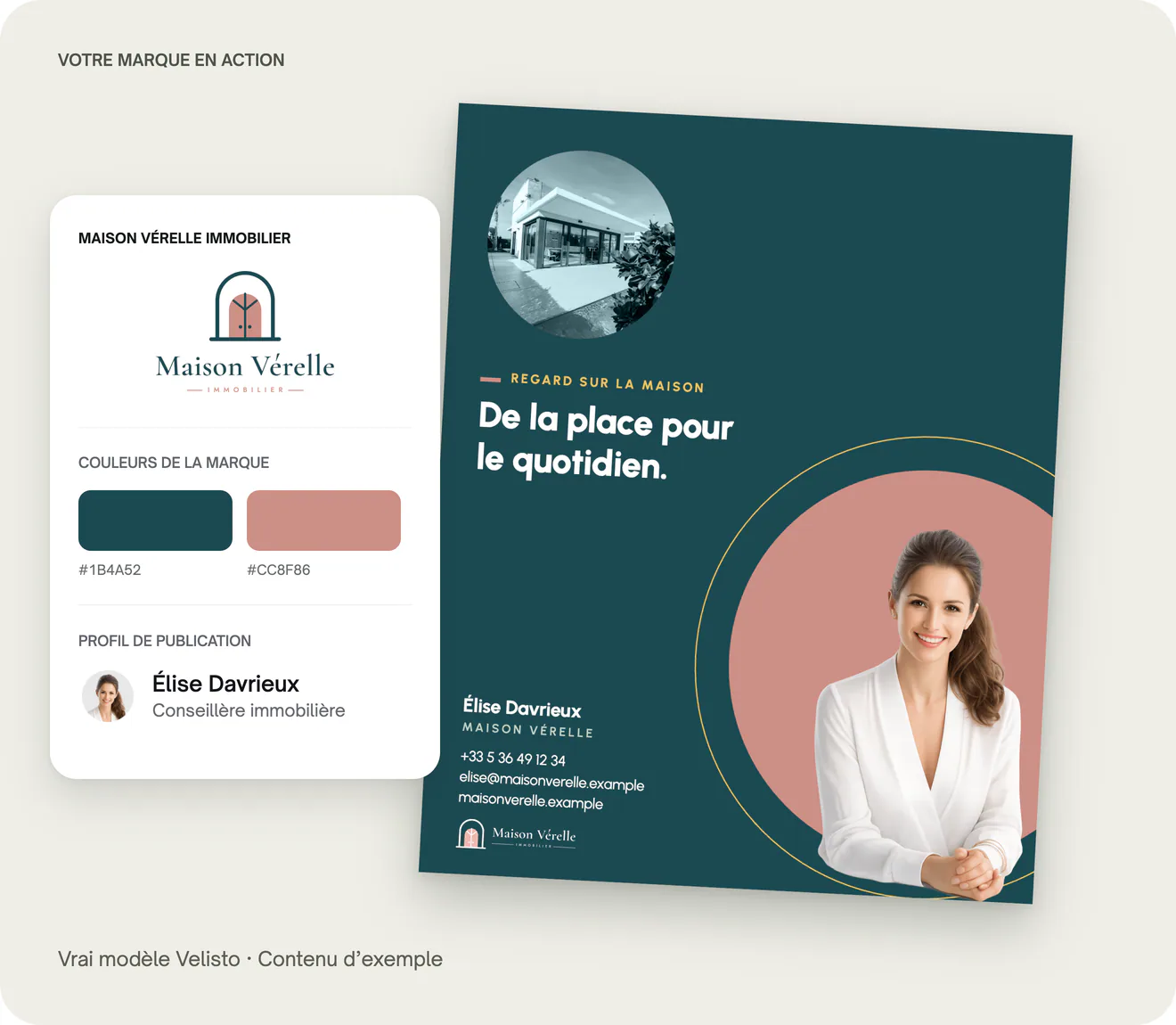 Informations de marque de Maison Vérelle Immobilier à côté d’un modèle Orbit personnalisé pour Élise Davrieux.