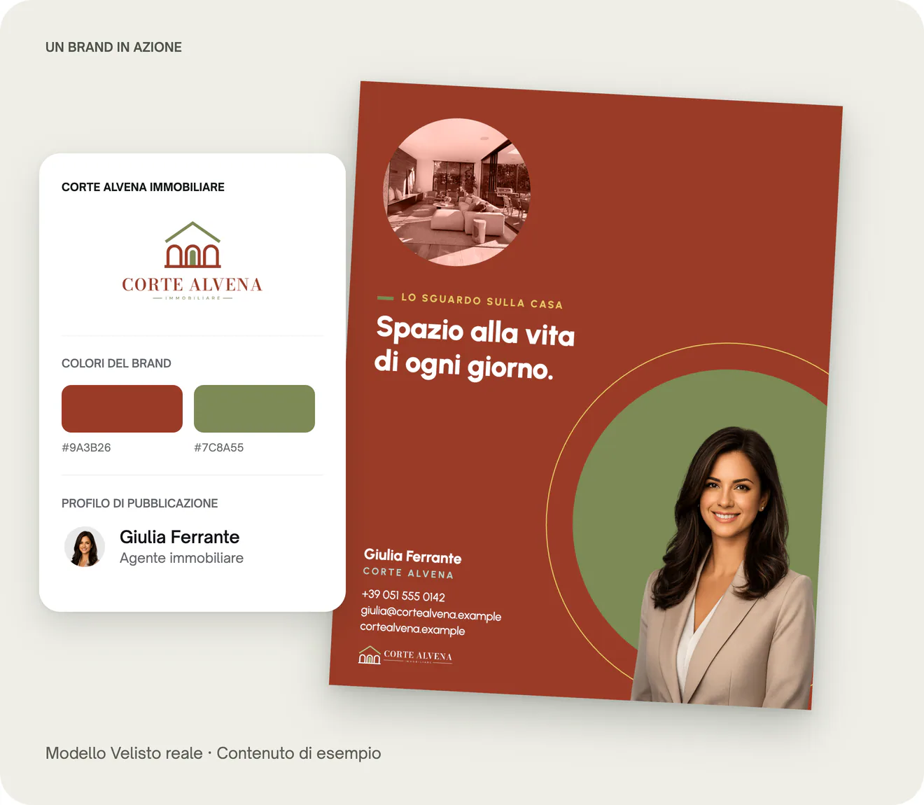 Dettagli del brand Corte Alvena Immobiliare accanto a un modello Orbit personalizzato per Giulia Ferrante.