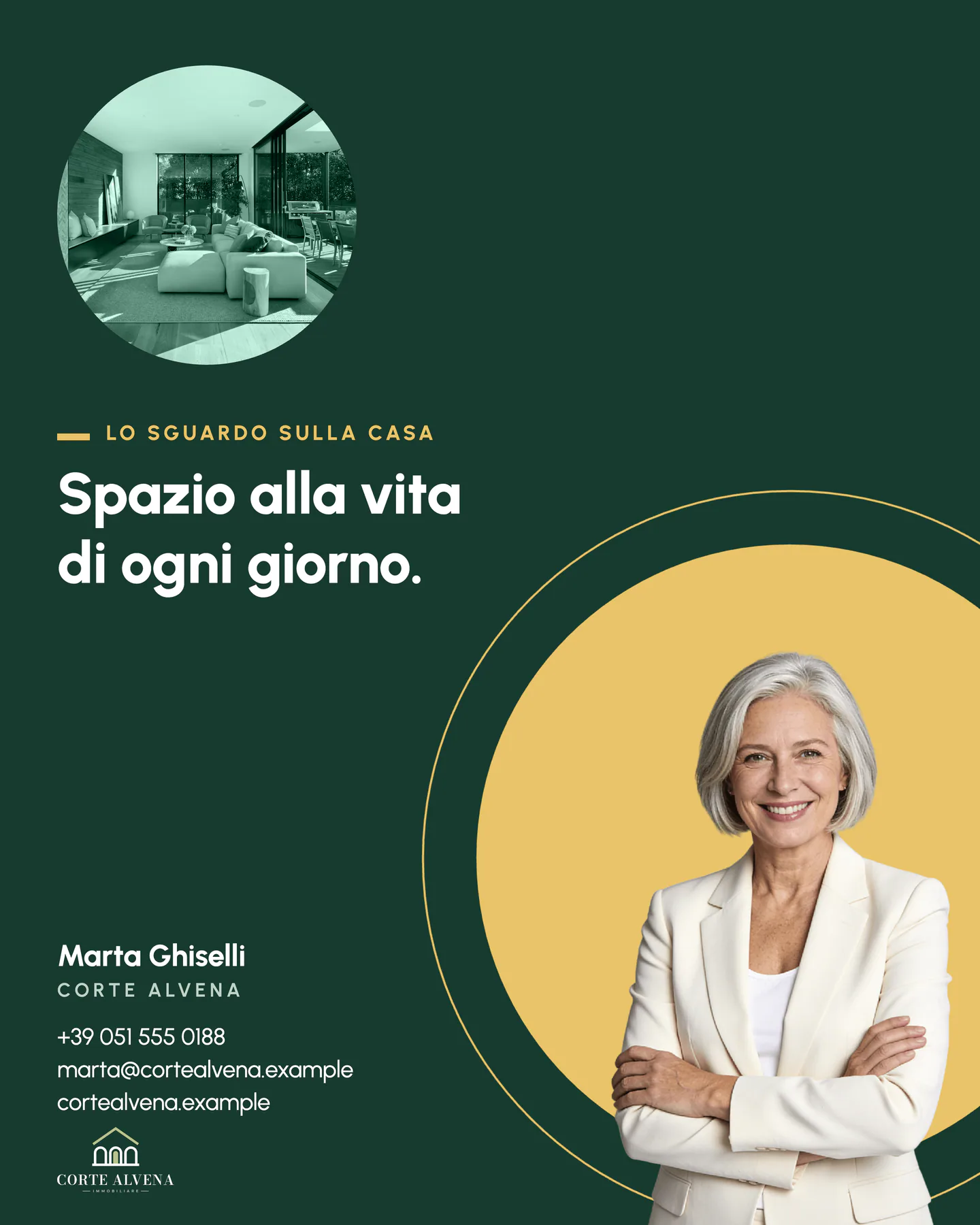 Modello Orbit con il brand di Corte Alvena Immobiliare, la foto ritratto e i contatti di Marta Ghiselli.