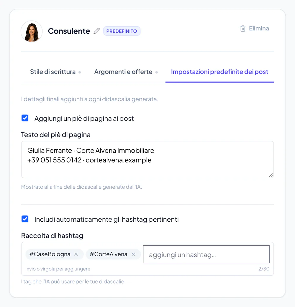 Preferenze per le didascalie di Velisto con un piè di pagina salvato, la raccolta di hashtag, gli hashtag automatici e l’impostazione delle emoji.