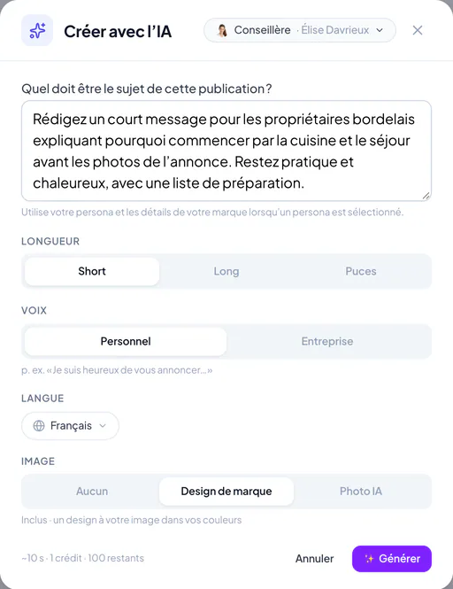 Fenêtre « Créer avec l’IA » avec un exemple de contenu d’agent