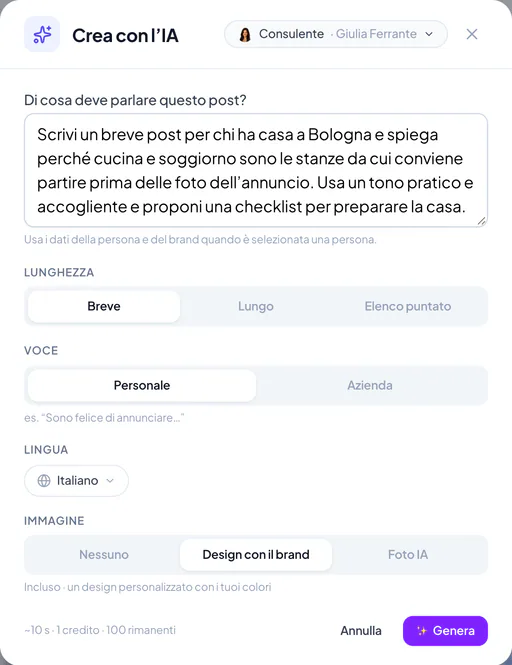 Finestra Crea con l’IA con esempi di contenuti di un agente