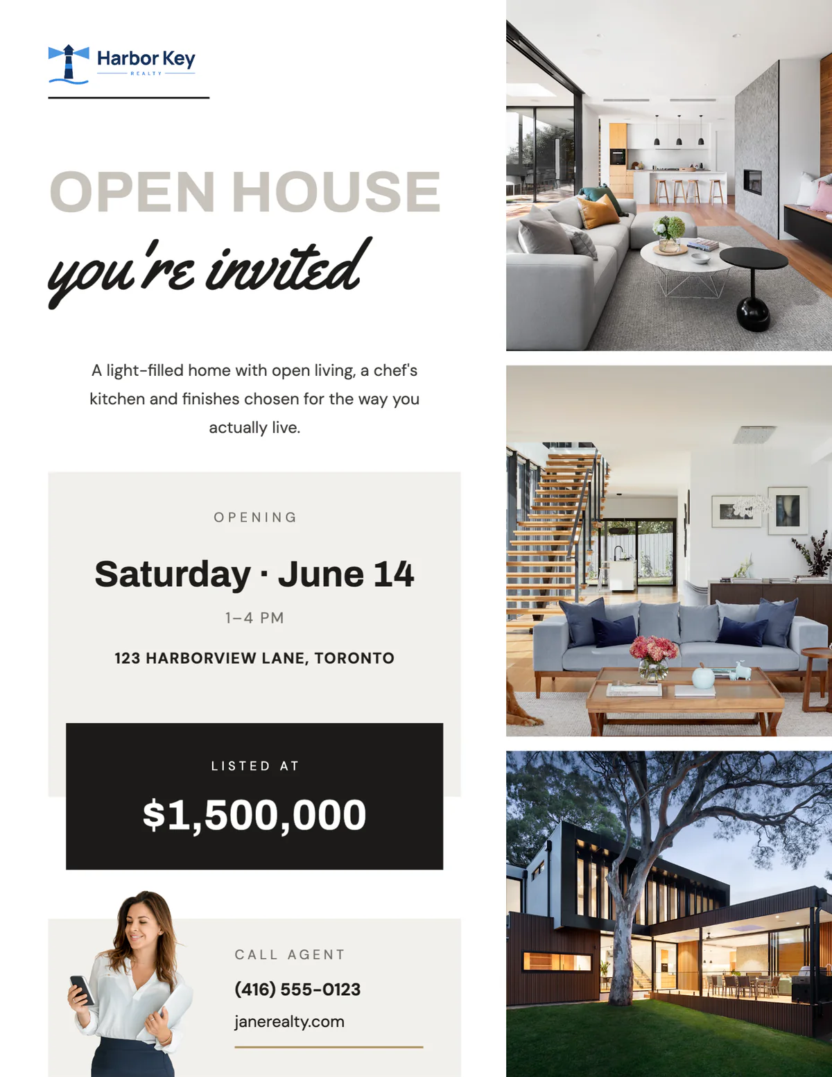 Alabaster Ink open house flyer reading you're invited, with a column of photos