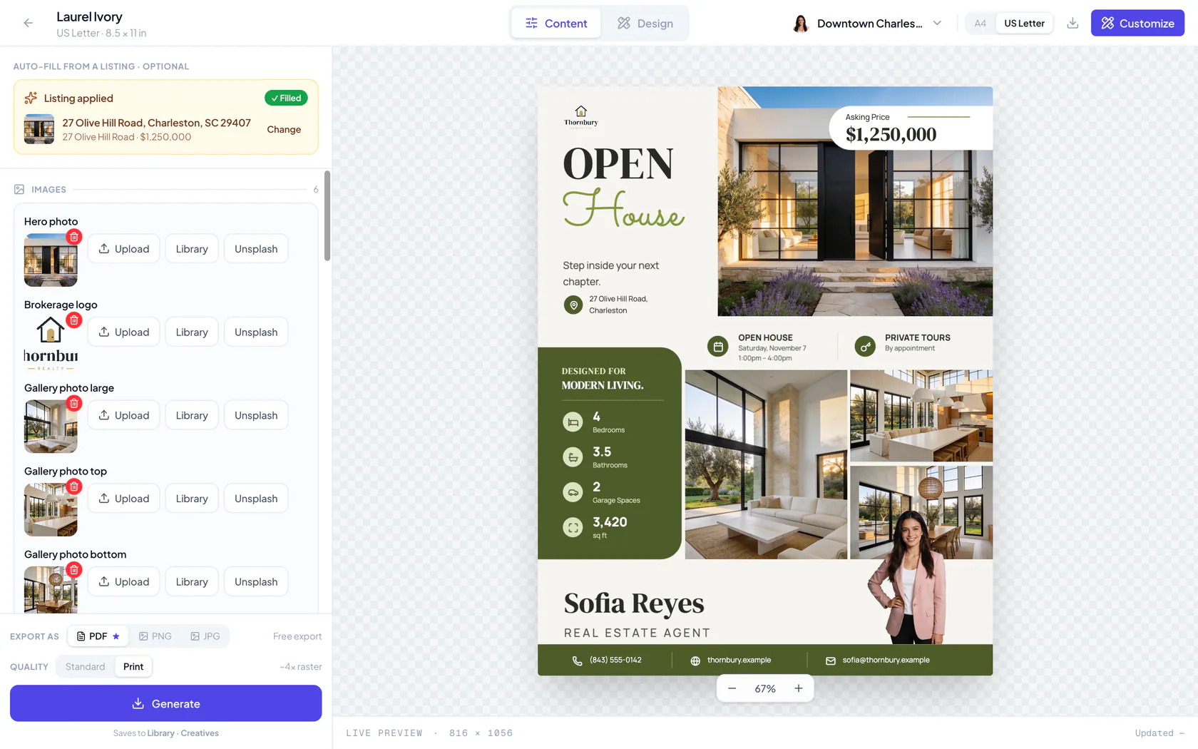 Velisto flyer editor with an open house flyer on US Letter, filled from a listing