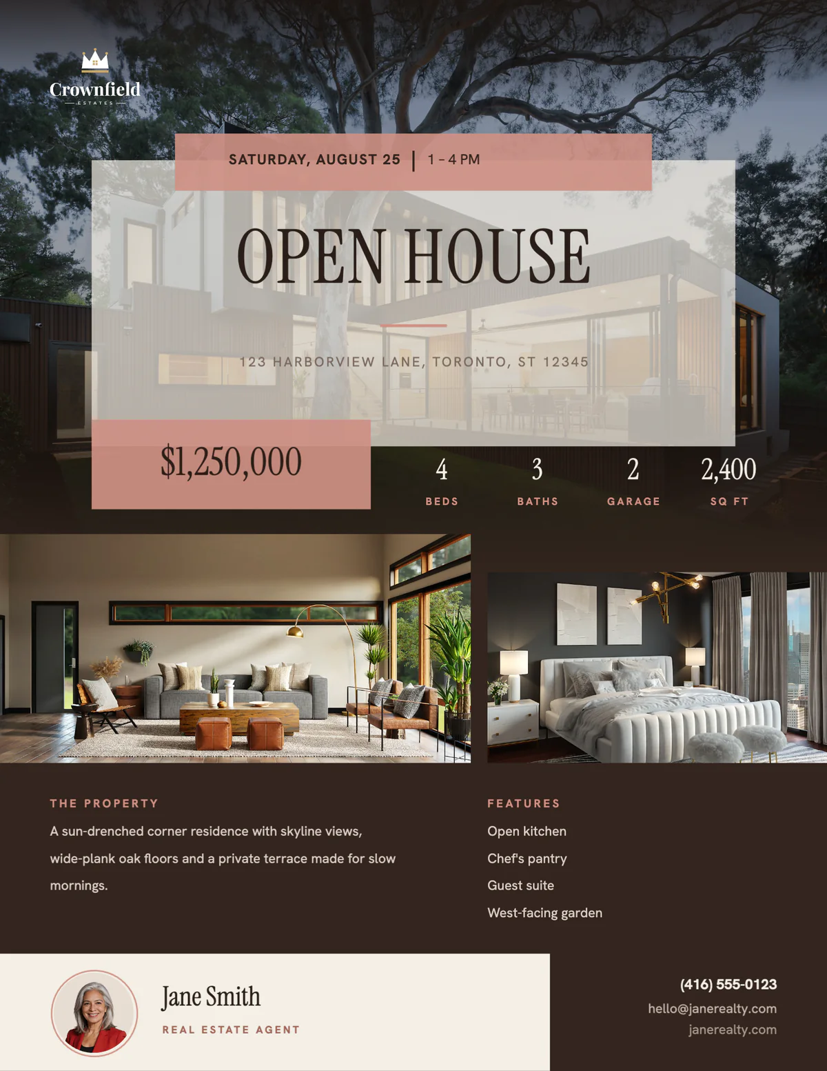 Cocoa Rose open house flyer in dark brown with a rose banner for the date