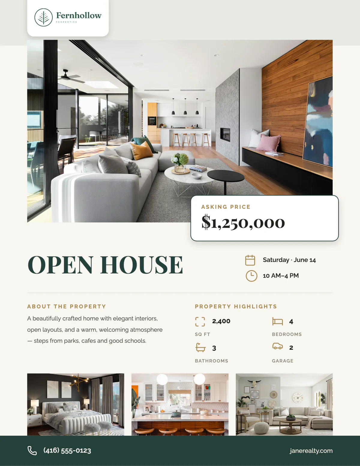 Juniper Brass open house flyer with a large interior photo and a strip of three photos