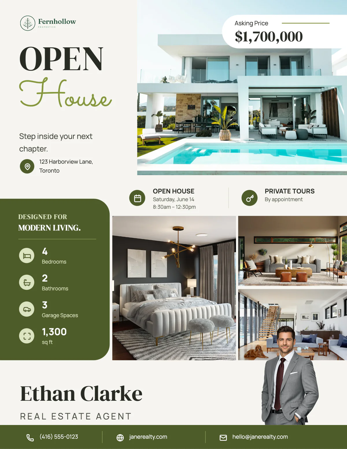 Laurel Ivory open house flyer with a pool home, the open house date and the agent