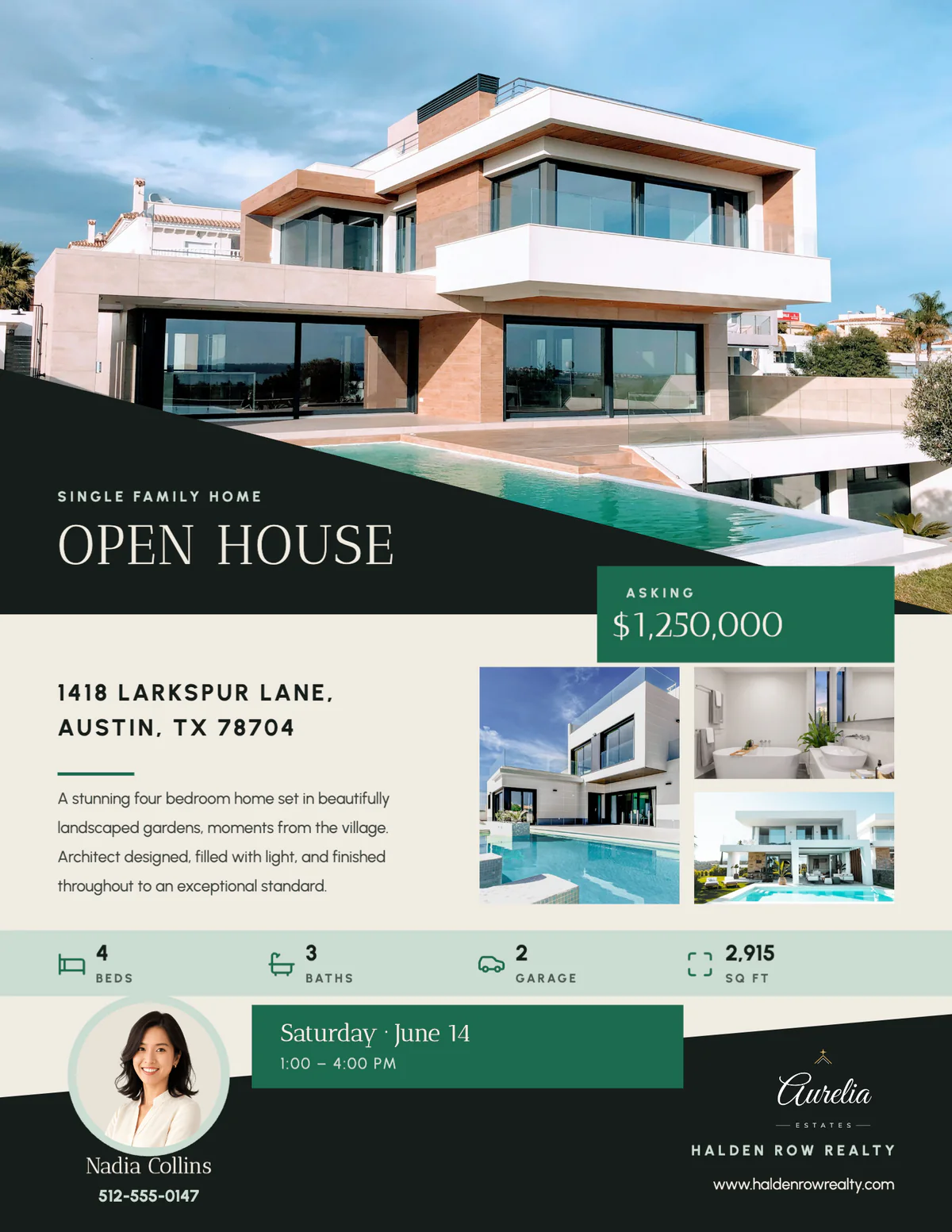 Linen Verdant open house flyer with a diagonal photo and an emerald date plate