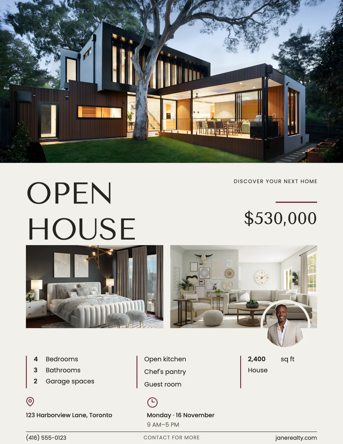 Pearl Claret open house flyer with an evening exterior and two interior photos