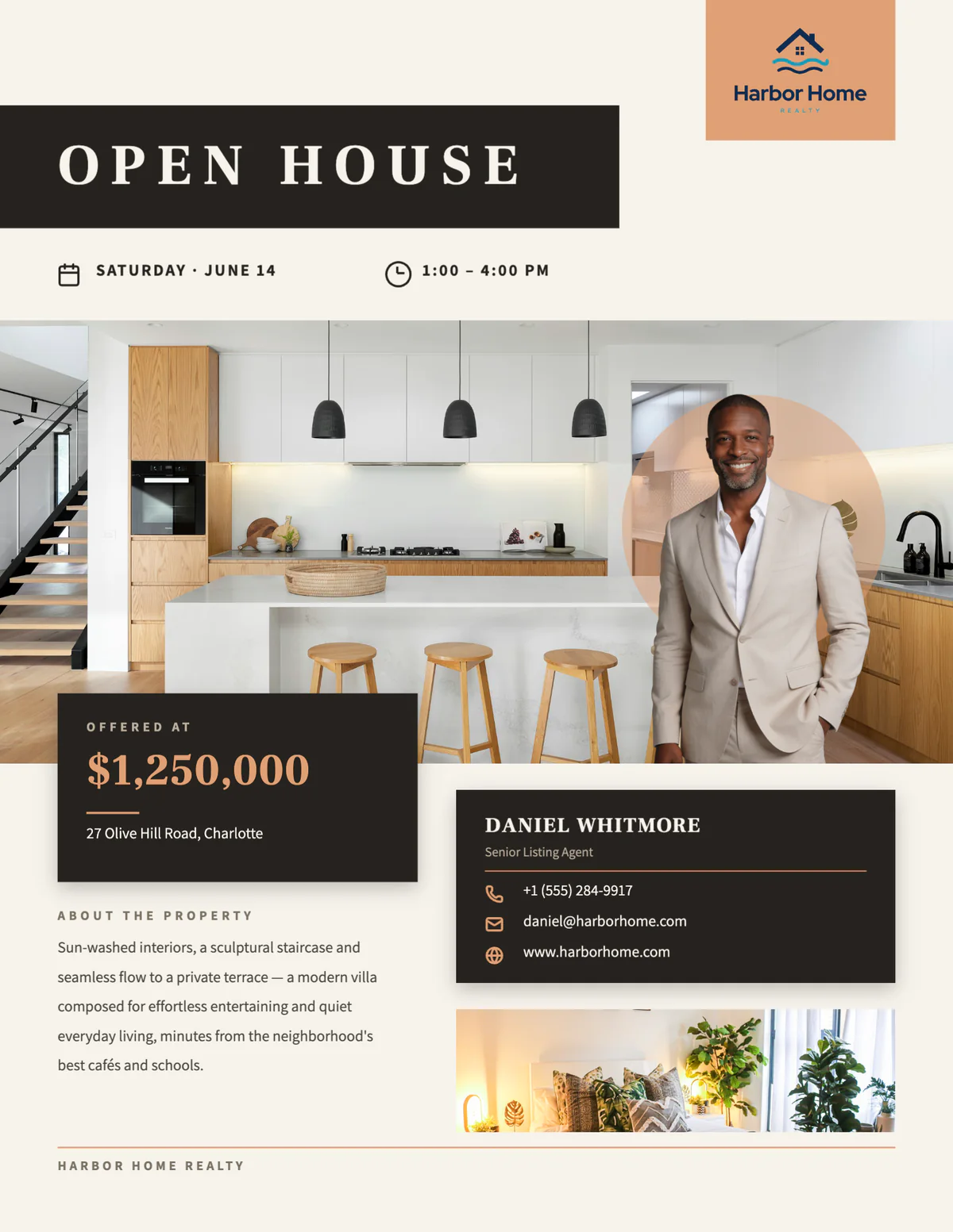 Plaster Apricot open house flyer with a kitchen photo and an agent cutout