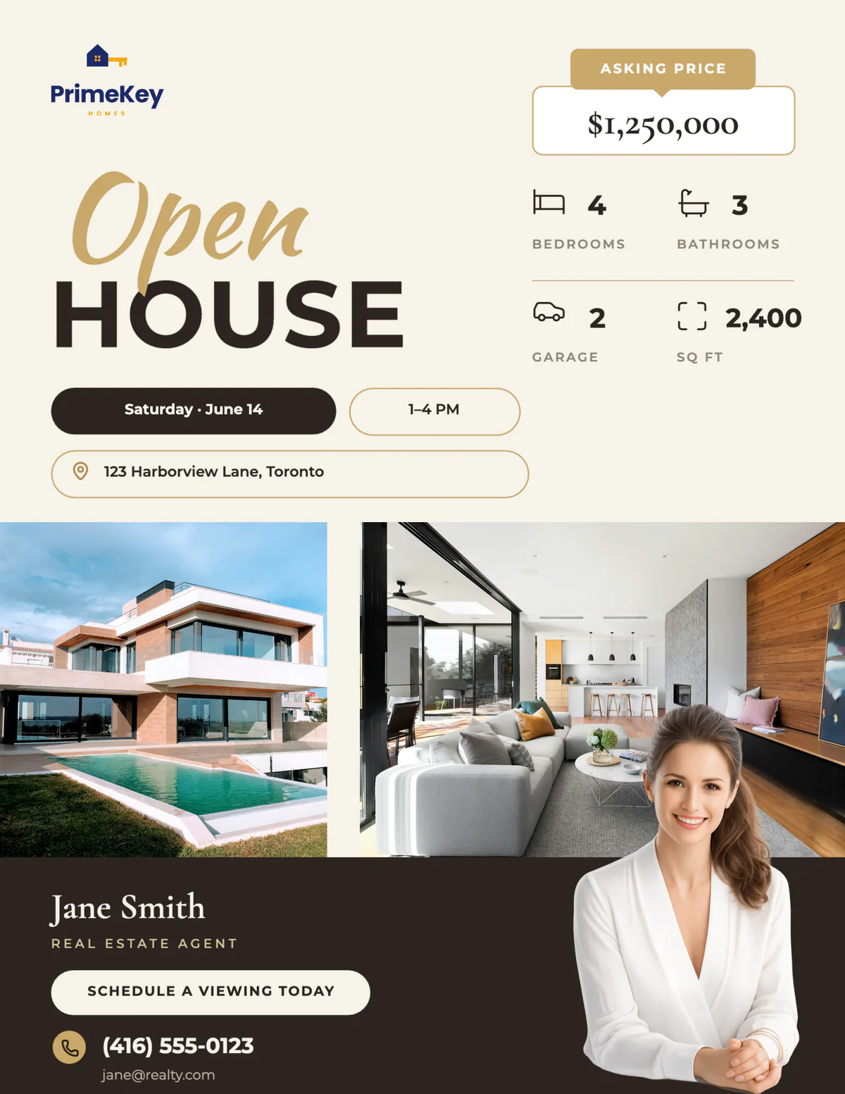 Porcelain Dawn open house flyer with a script headline, date pills and an agent cutout
