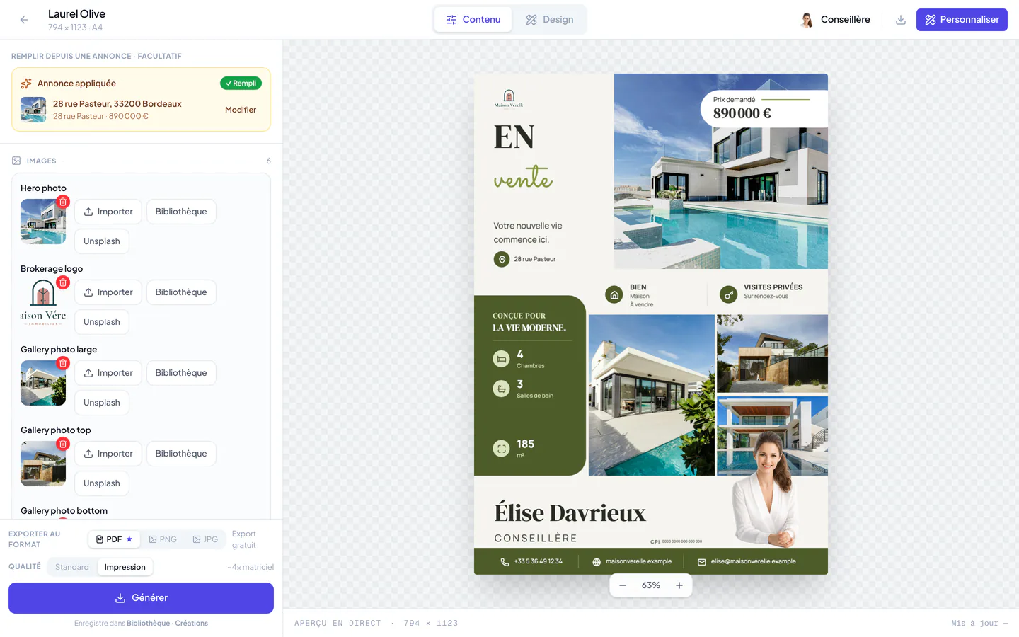 Éditeur de contenu Velisto avec un flyer Laurel Olive et du contenu d’exemple