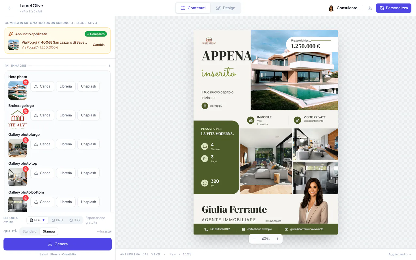 Editor dei contenuti di Velisto con un volantino Laurel Olive e contenuti di esempio