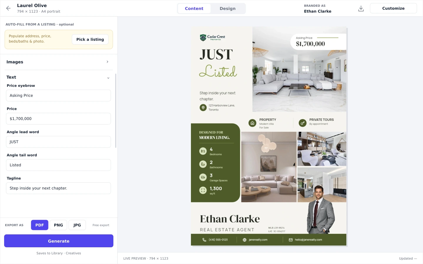 Velisto Content editor layout with a Laurel Olive flyer and sample content