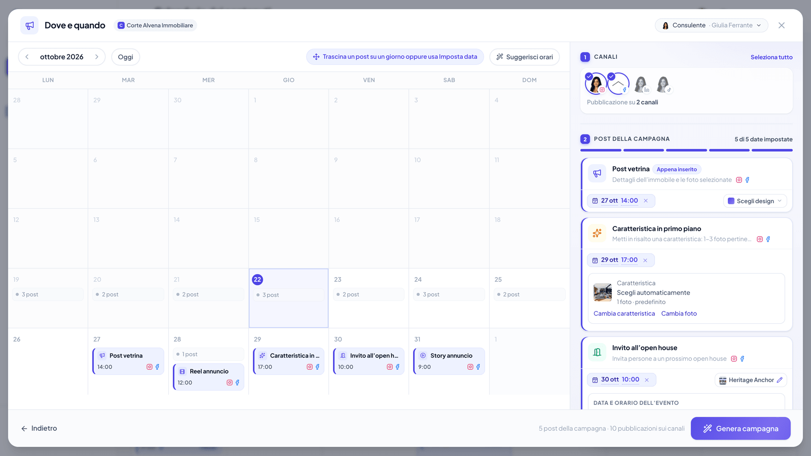 Pianificatore della campagna annuncio con Post vetrina, Caratteristica in primo piano, Invito all’open house, Story annuncio e Reel annuncio inseriti nei giorni del calendario