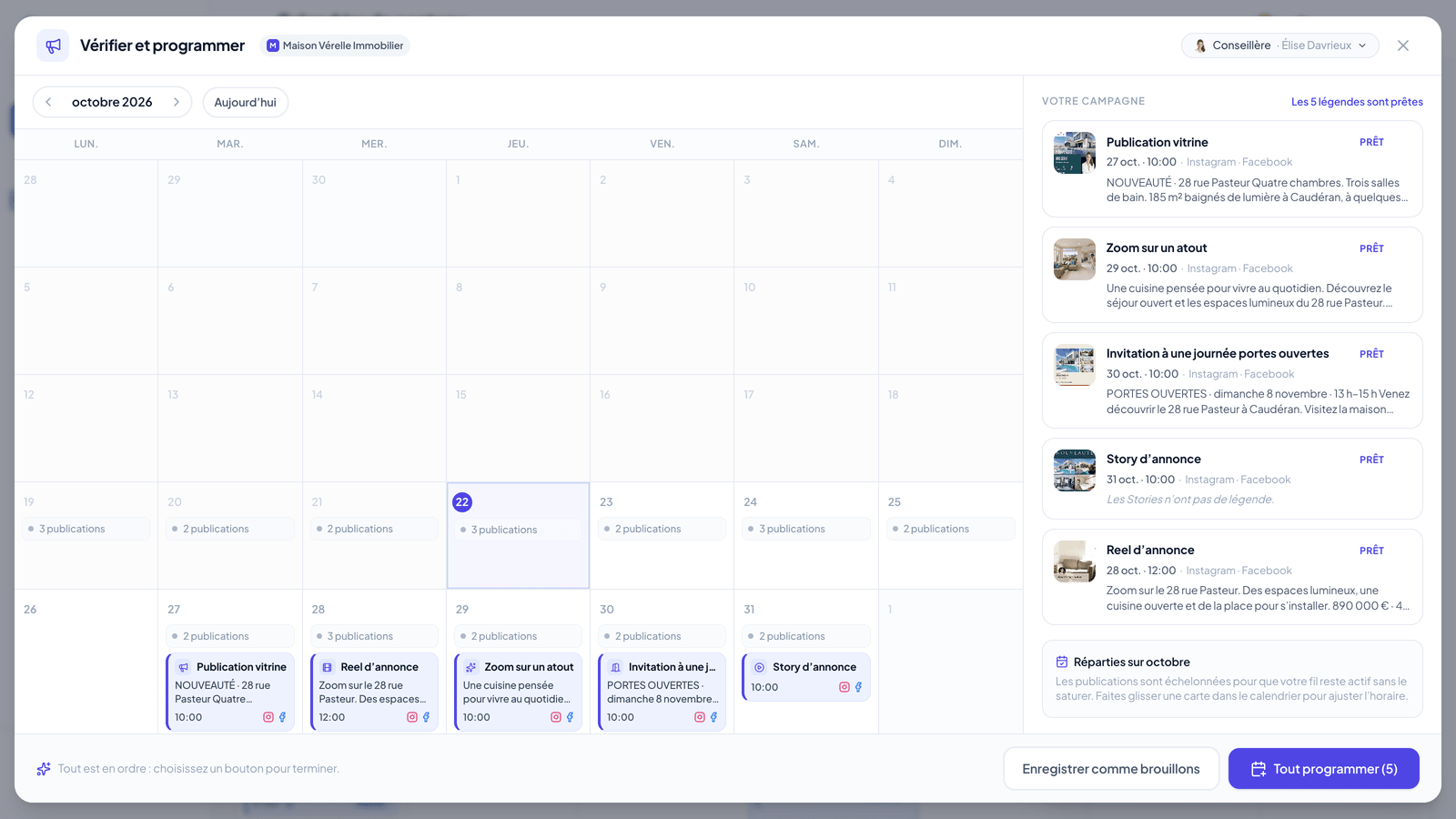 Cinq publications de campagne prêtes, dont le Reel d’annonce, avec légendes, médias, dates du calendrier et les actions Tout programmer (5) et Enregistrer comme brouillons