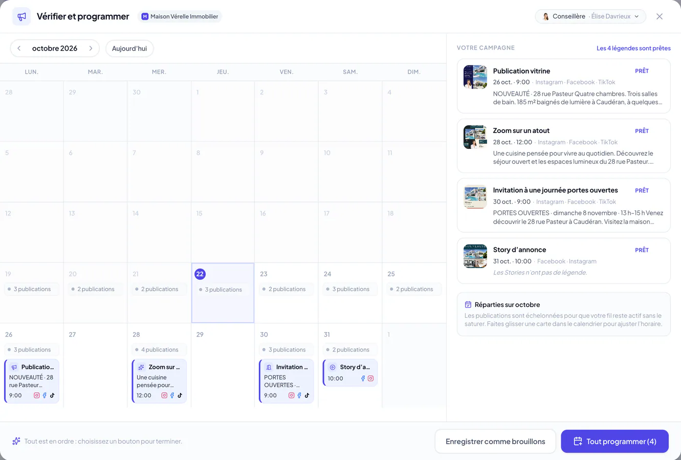 Relecture d’une campagne d’annonce avec quatre contenus d’exemple et les actions de programmation