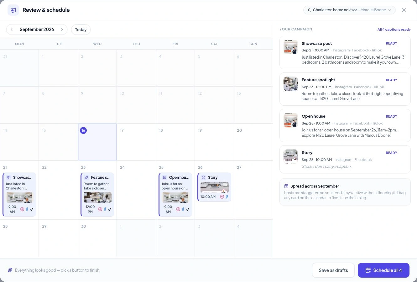 Current listing campaign review with four sample pieces and scheduling actions