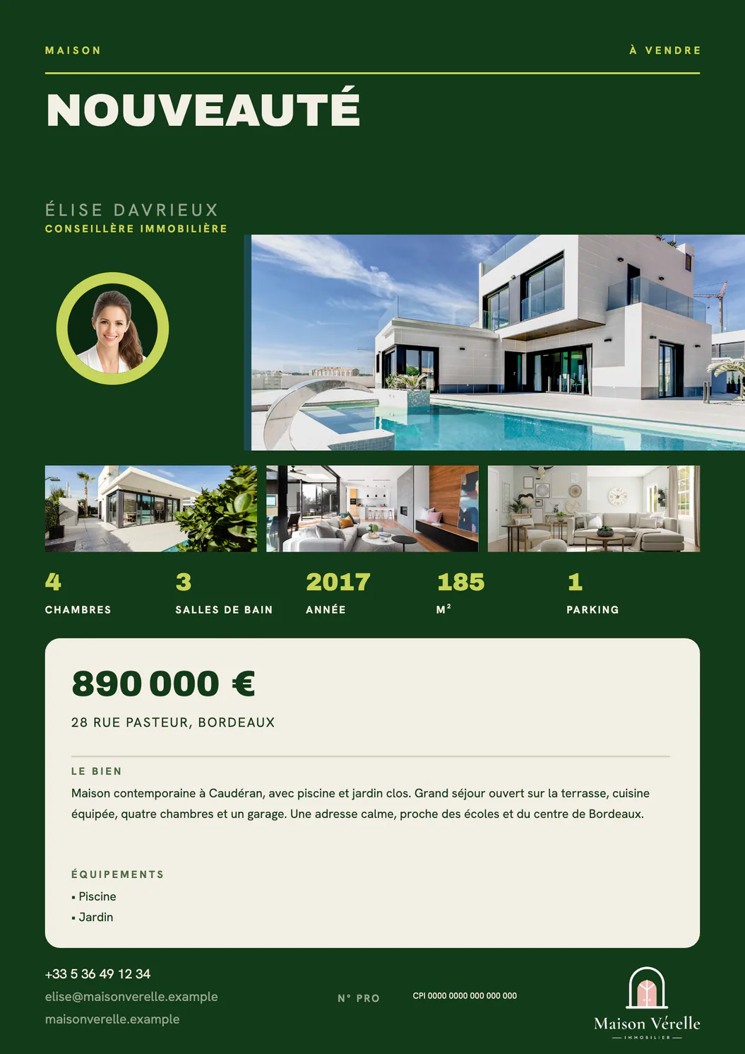 Flyer « Nouveauté » Herald Almanac pour 28 rue Pasteur, avec la photo d’une maison moderne avec piscine, trois photos de détail, le prix de 890 000 € et l’image de marque Maison Vérelle Immobilier de l’agente Élise Davrieux
