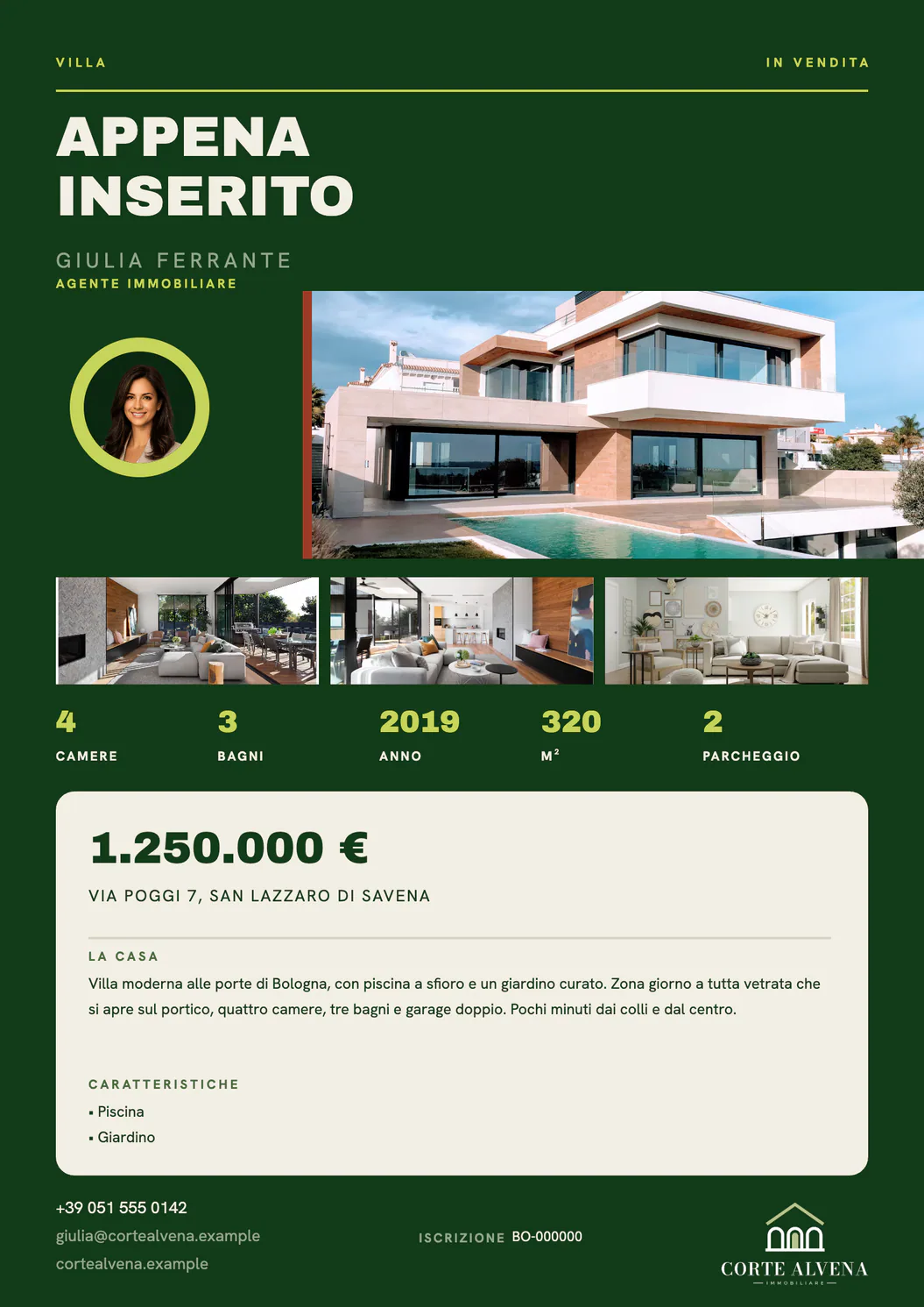 Volantino “Appena inserito” Herald Almanac per Via Poggi 7, con la foto di una villa moderna con piscina, tre foto di dettaglio, il prezzo di 1.250.000 € e il brand Corte Alvena Immobiliare dell’agente Giulia Ferrante