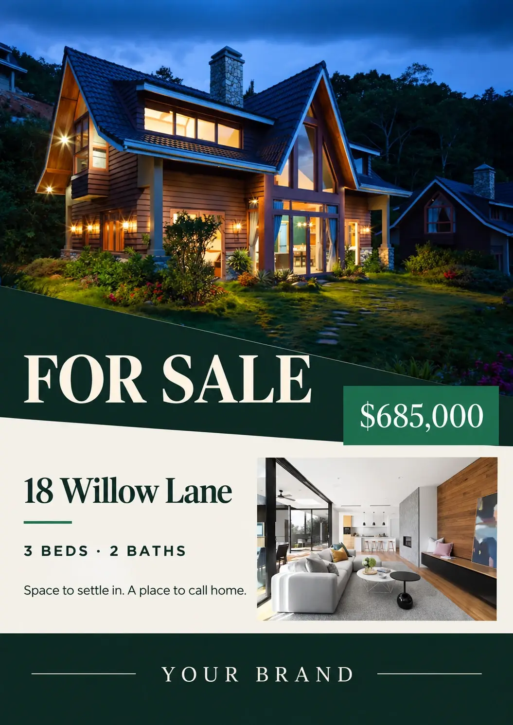 Example forest-green property flyer for 18 Willow Lane, with a home photograph, $685,000 price and space for your brand