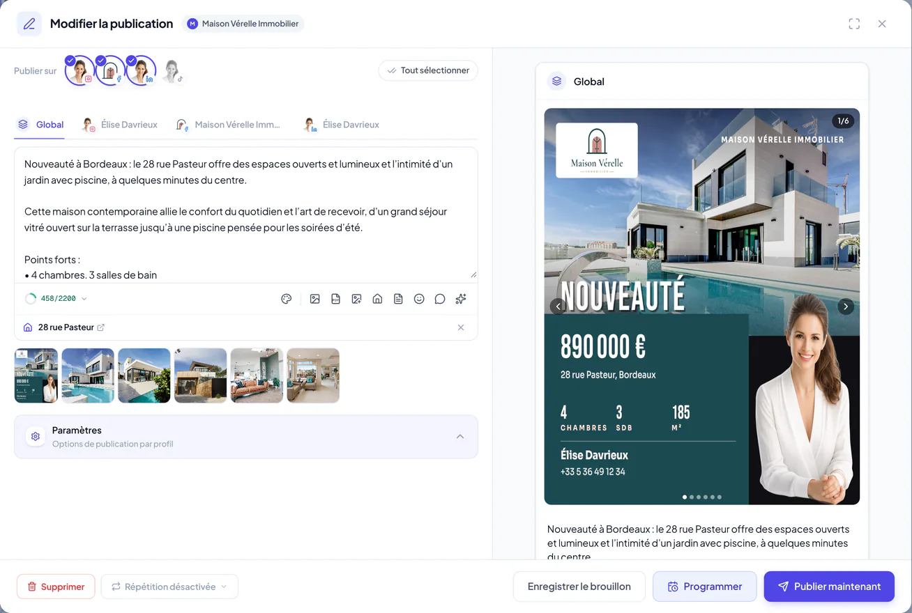 Éditeur de publication Velisto avec légende, médias, aperçus des canaux et actions de programmation