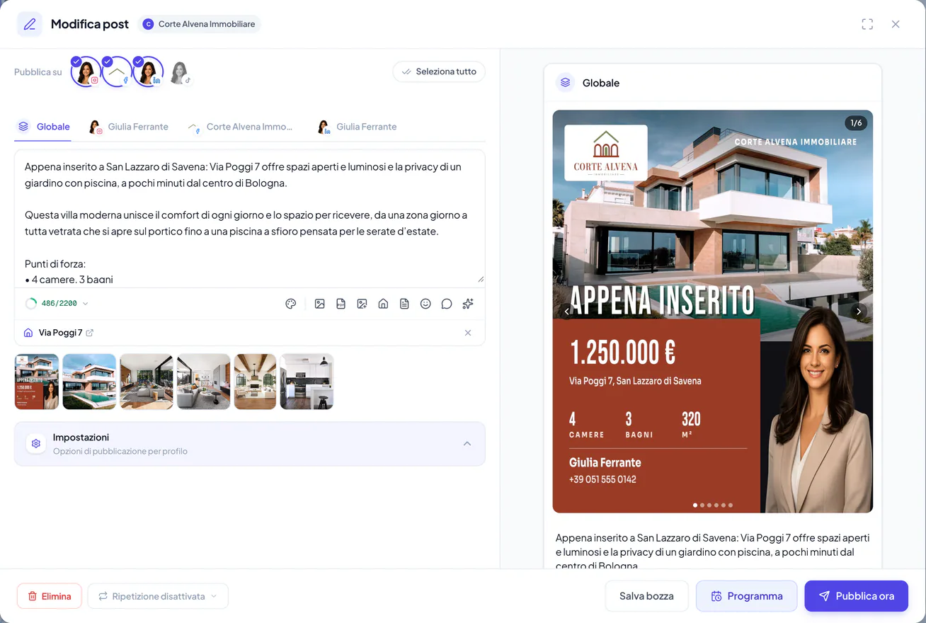 Editor dei post di Velisto con una didascalia immobiliare, i profili selezionati, l’anteprima dei media dell’immobile e i comandi di pubblicazione