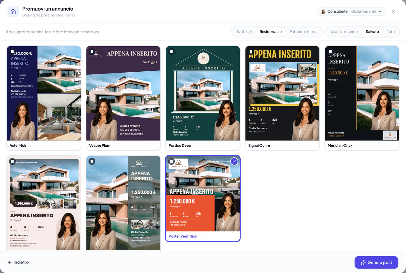 Scelta del modello per un post singolo con contenuti immobiliari di esempio