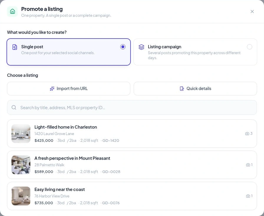 Promote a listing: choose a single post or listing campaign