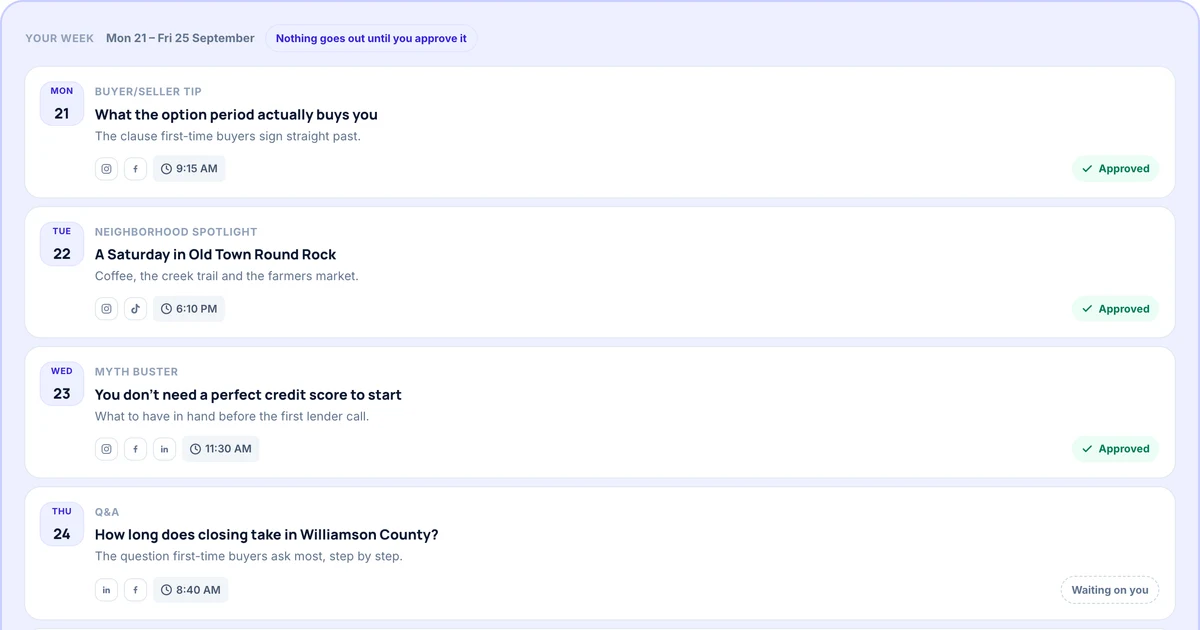 A planned week in Velisto: dated rows, each with a topic, the angle it takes, the channels it will publish to and whether it is approved yet.