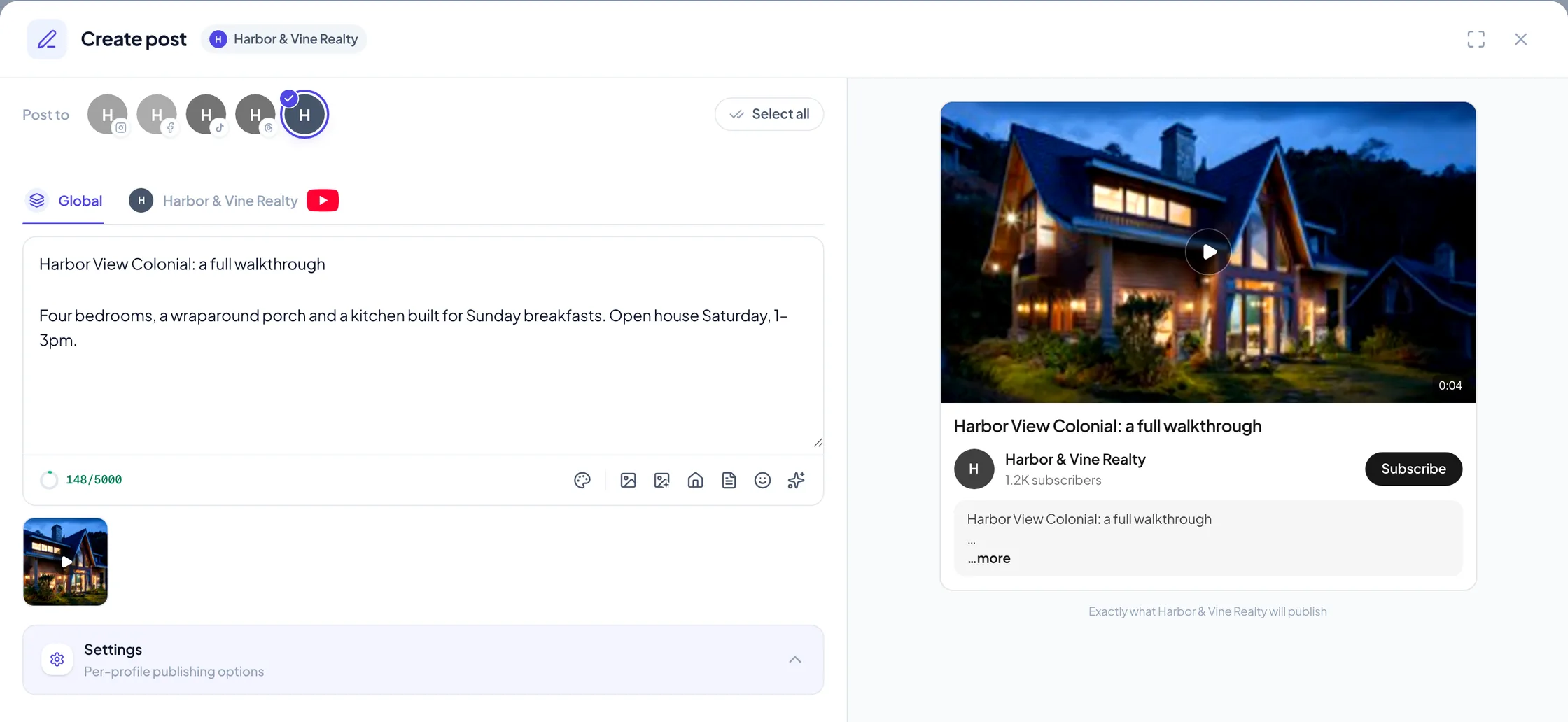 The Velisto composer with a YouTube channel selected: a house-tour caption and video on the left, and the YouTube watch-page preview of the same video on the right.