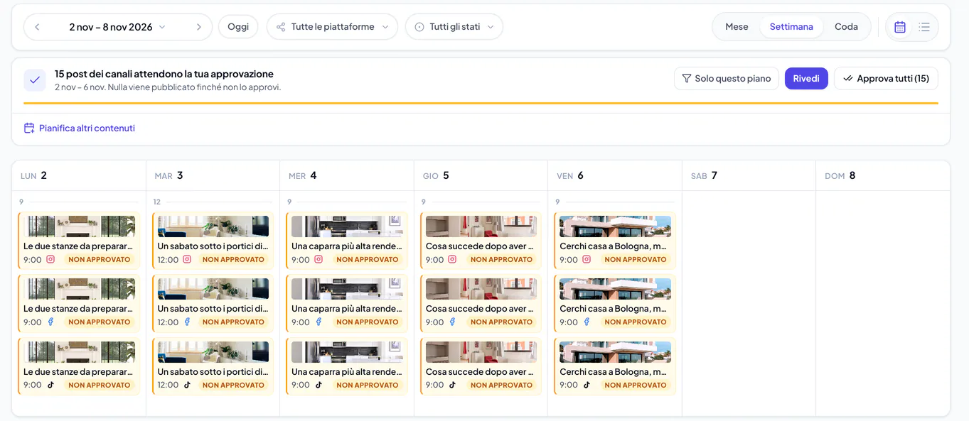 Vista settimanale di Velisto con il banner del gruppo di post e quindici post dei canali di esempio in attesa di approvazione