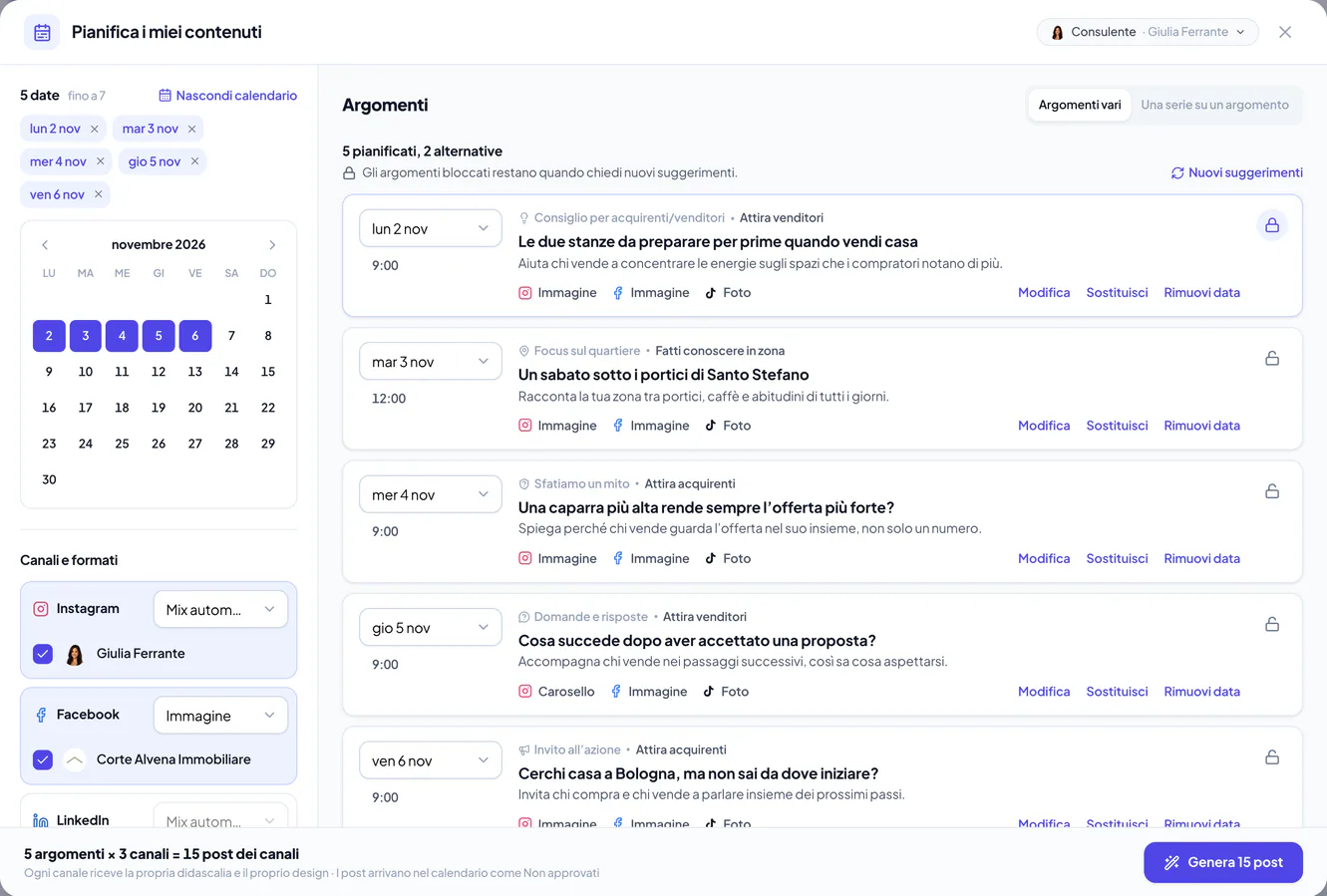 Scelta di date, canali e formati