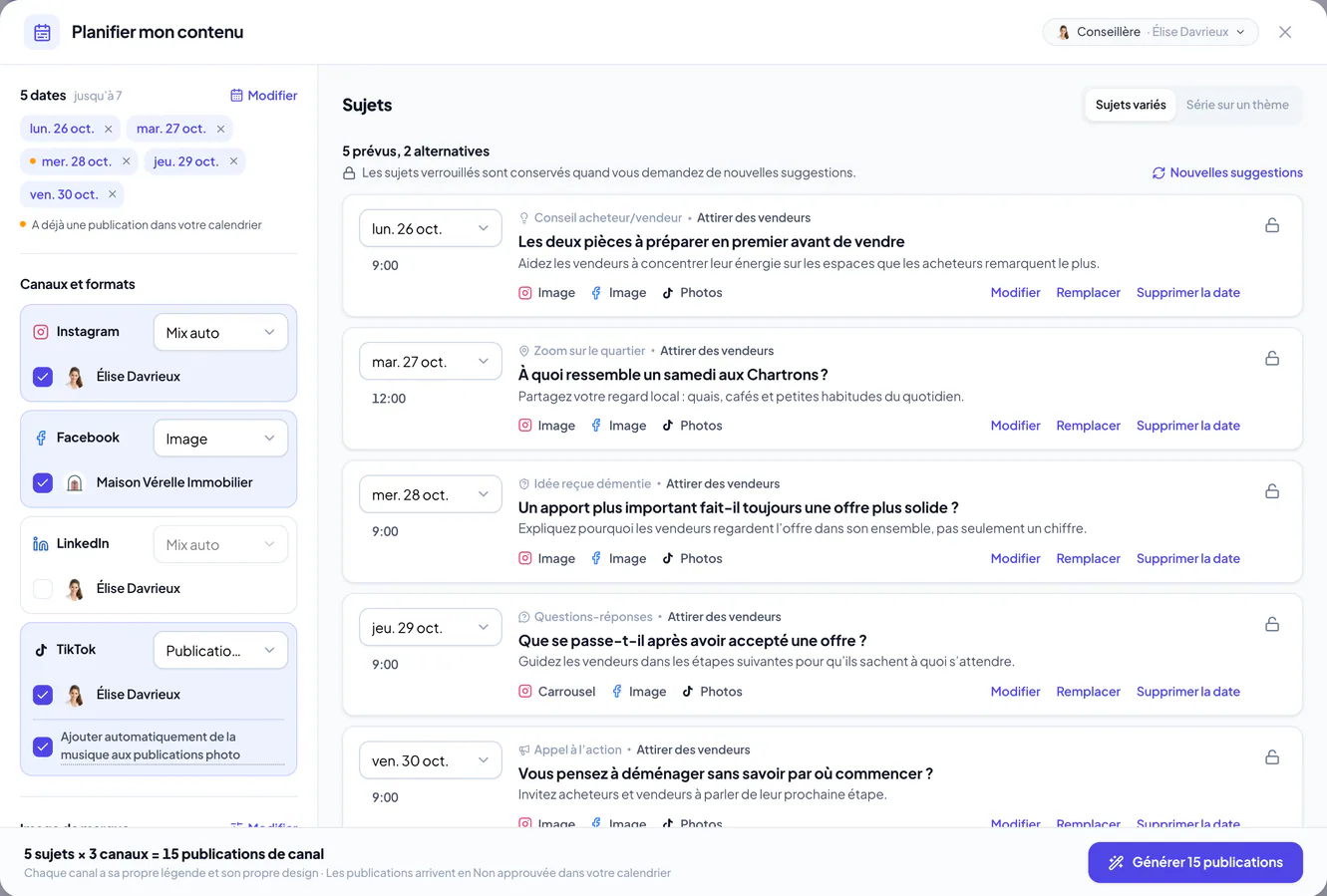 Interface actuelle de « Planifier mon contenu » avec un exemple de contenu d’agent