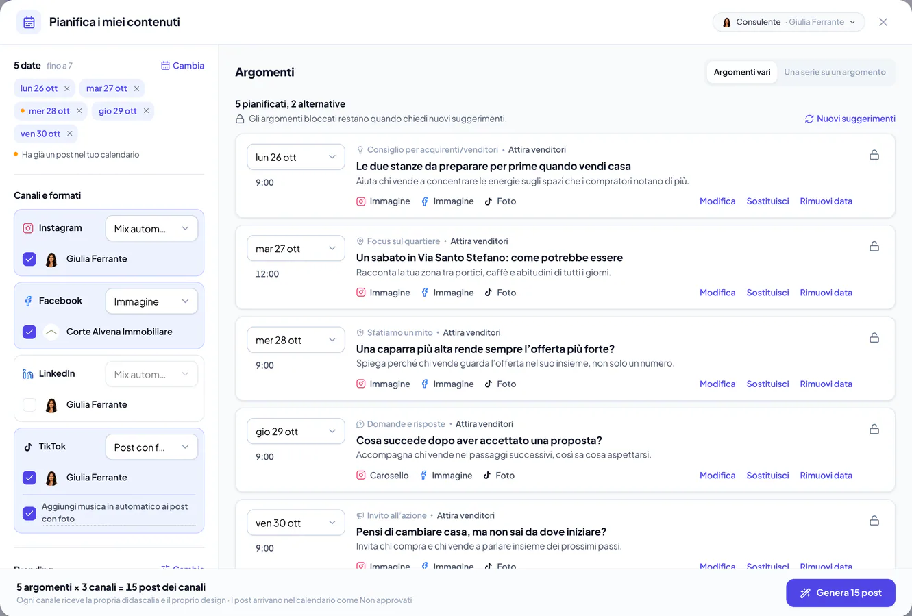 La schermata attuale di Pianifica i miei contenuti con esempi di contenuti di un agente