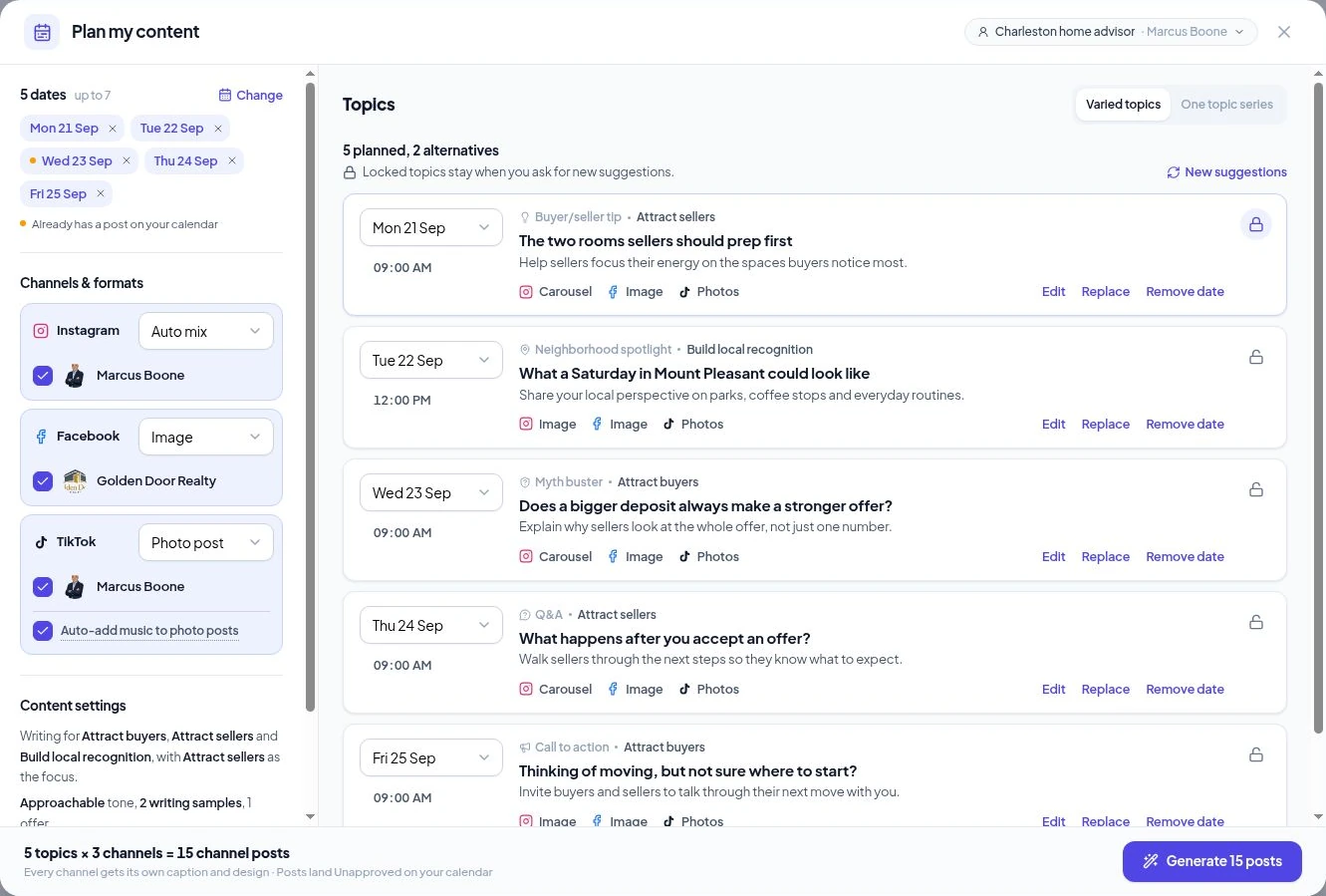 Plan my content with sample topics, selected dates and channel formats
