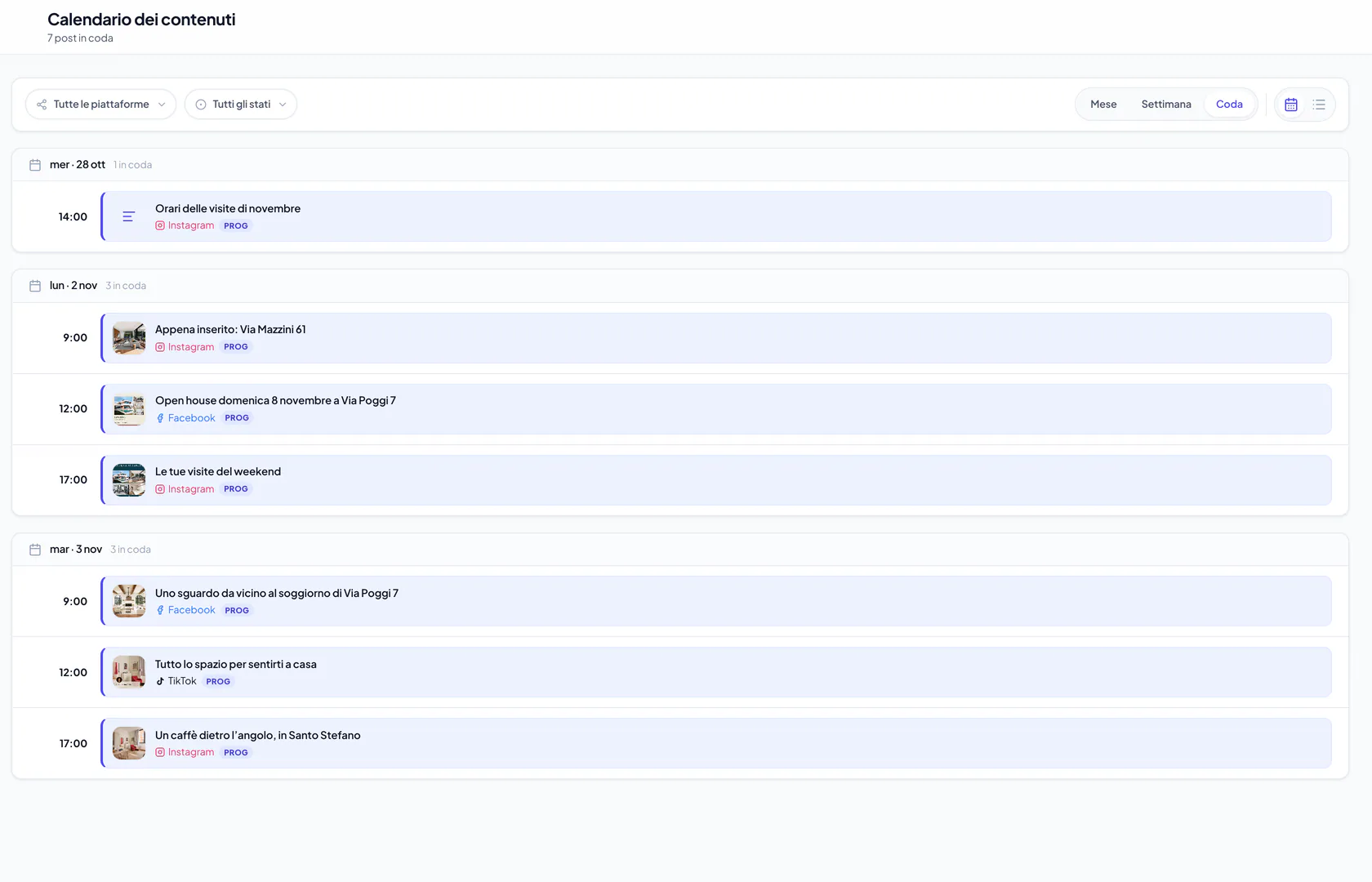 Vista Coda di Velisto con i prossimi post social di esempio raggruppati per data