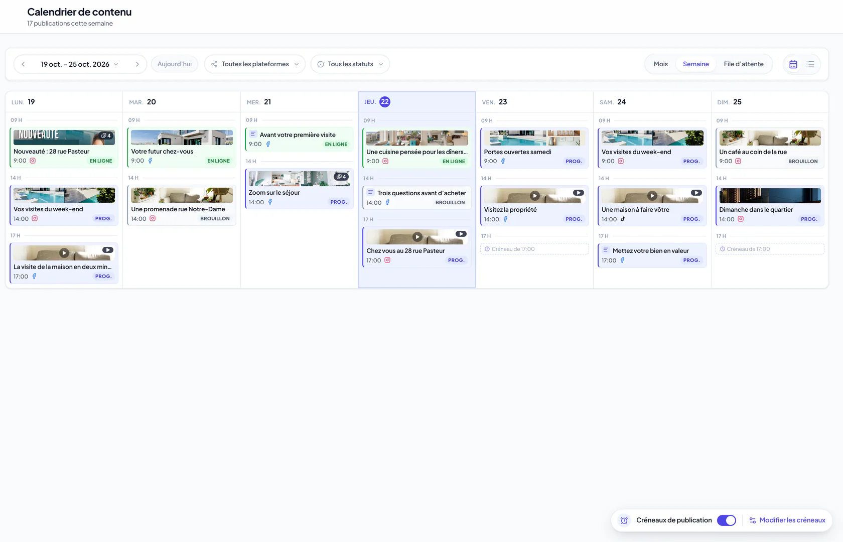 Calendrier de contenu hebdomadaire avec des publications d’annonce, des conseils aux acheteurs, des stories et des vidéos