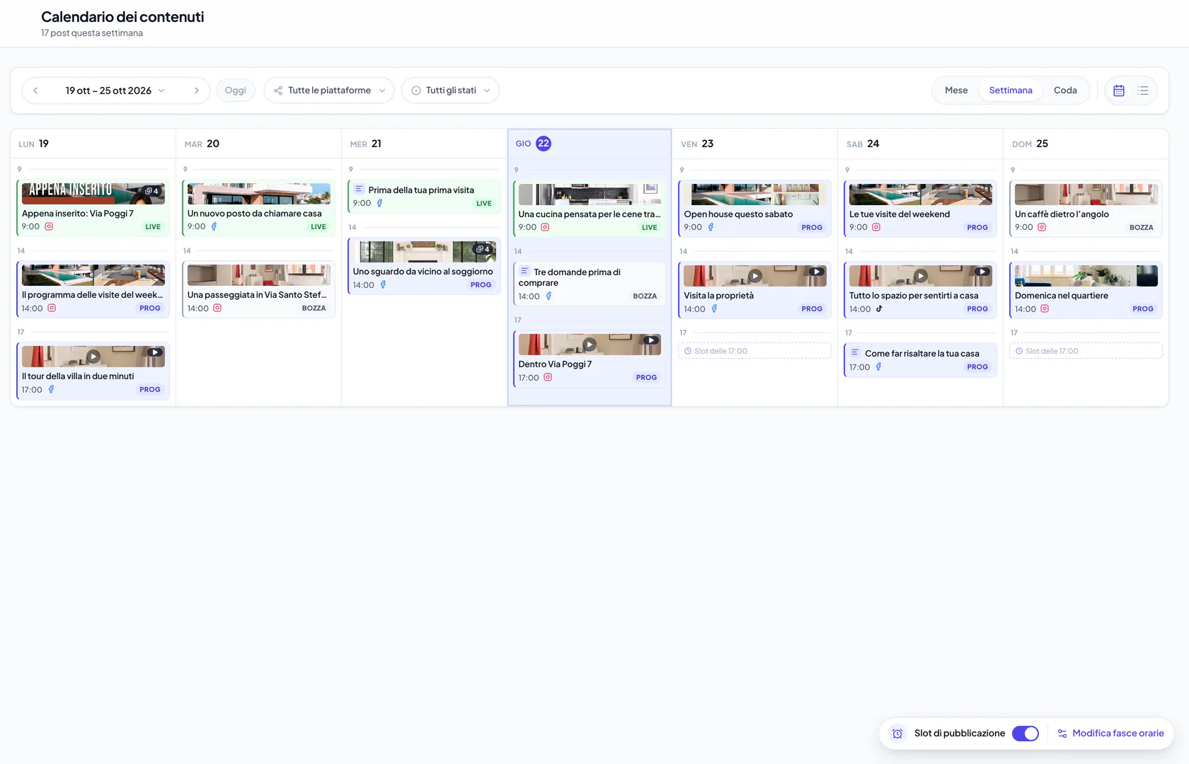 Calendario dei contenuti di una settimana, pieno di post annuncio, consigli per acquirenti, story e video