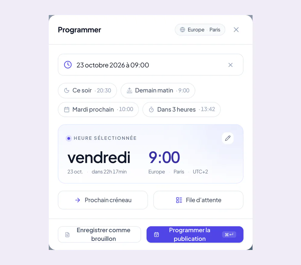 Fenêtre de programmation de Velisto avec une date choisie, le fuseau horaire du compte, Créneau suivant, File d’attente et Programmer la publication
