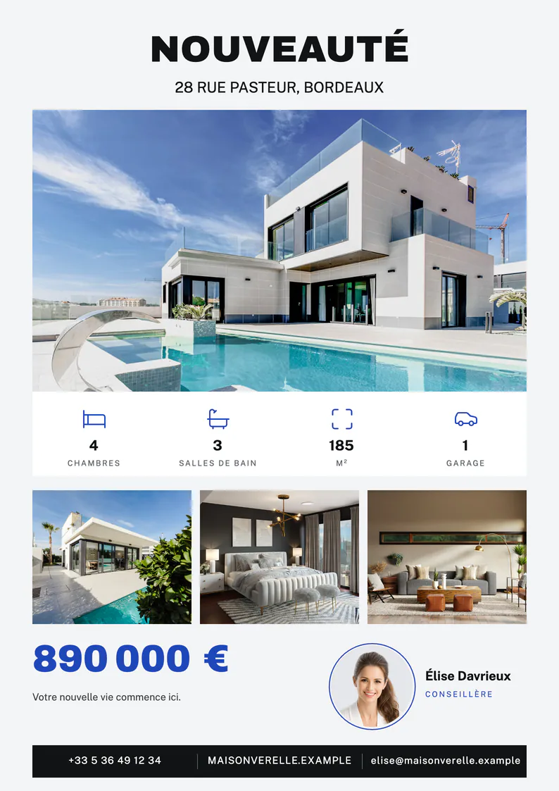 Modèle de flyer immobilier Velisto Quartz Cobalt avec du contenu d’exemple