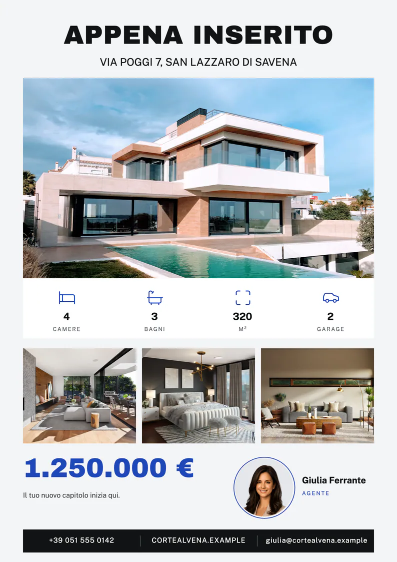 Modello di volantino immobiliare Velisto Quartz Cobalt con contenuti di esempio