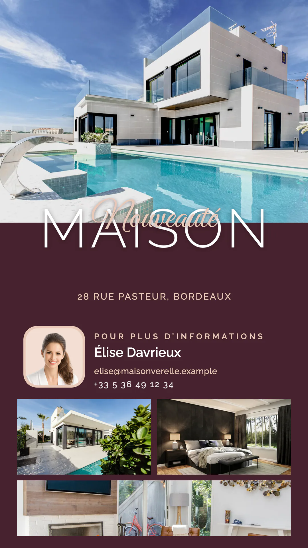 Story « Nouveauté » Bordeaux Blush avec une maison avec piscine, les coordonnées de l’agent et une galerie photo
