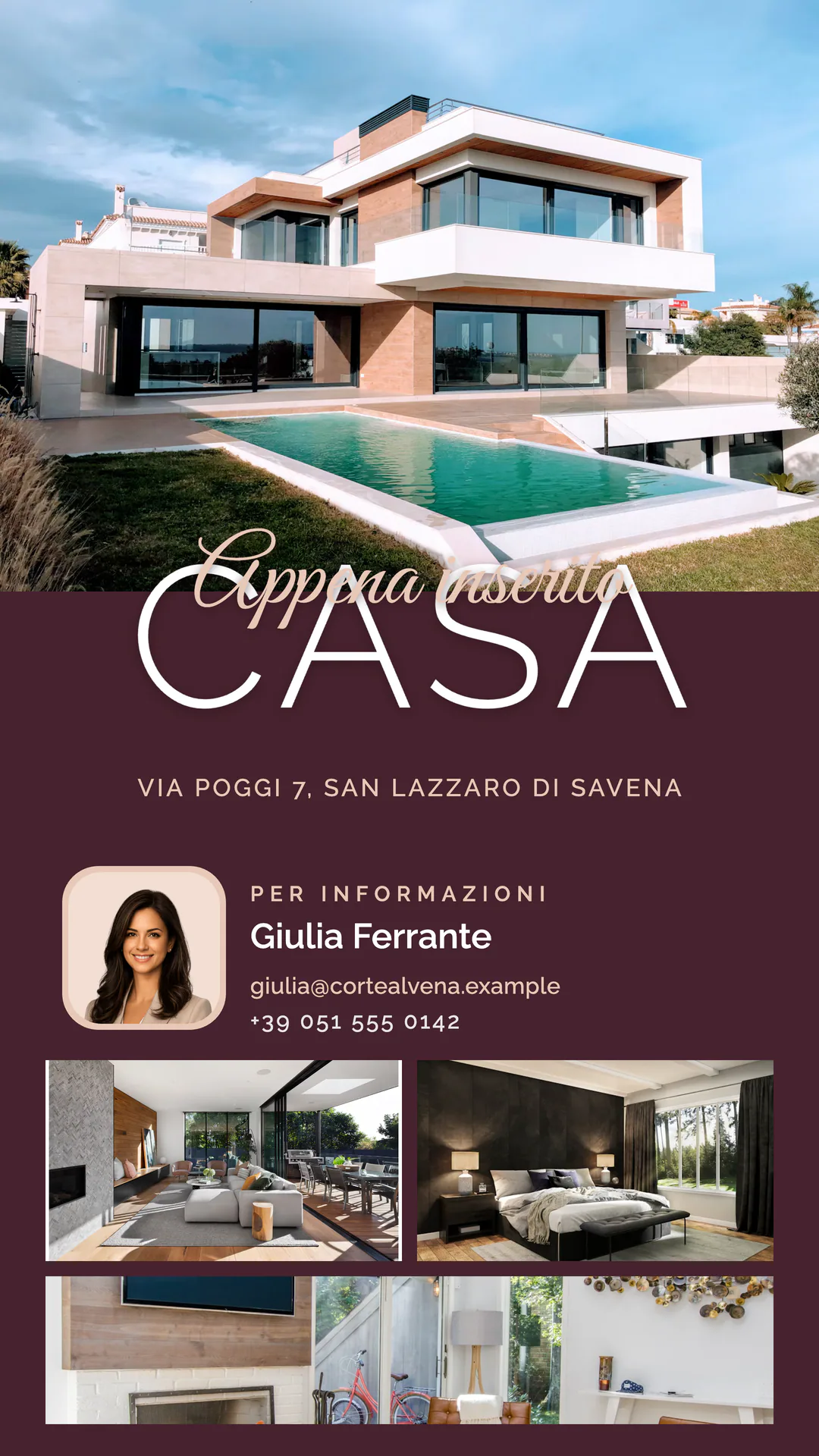 Story “Appena inserito” Bordeaux Blush con una casa con piscina, i contatti dell’agente e una galleria di foto