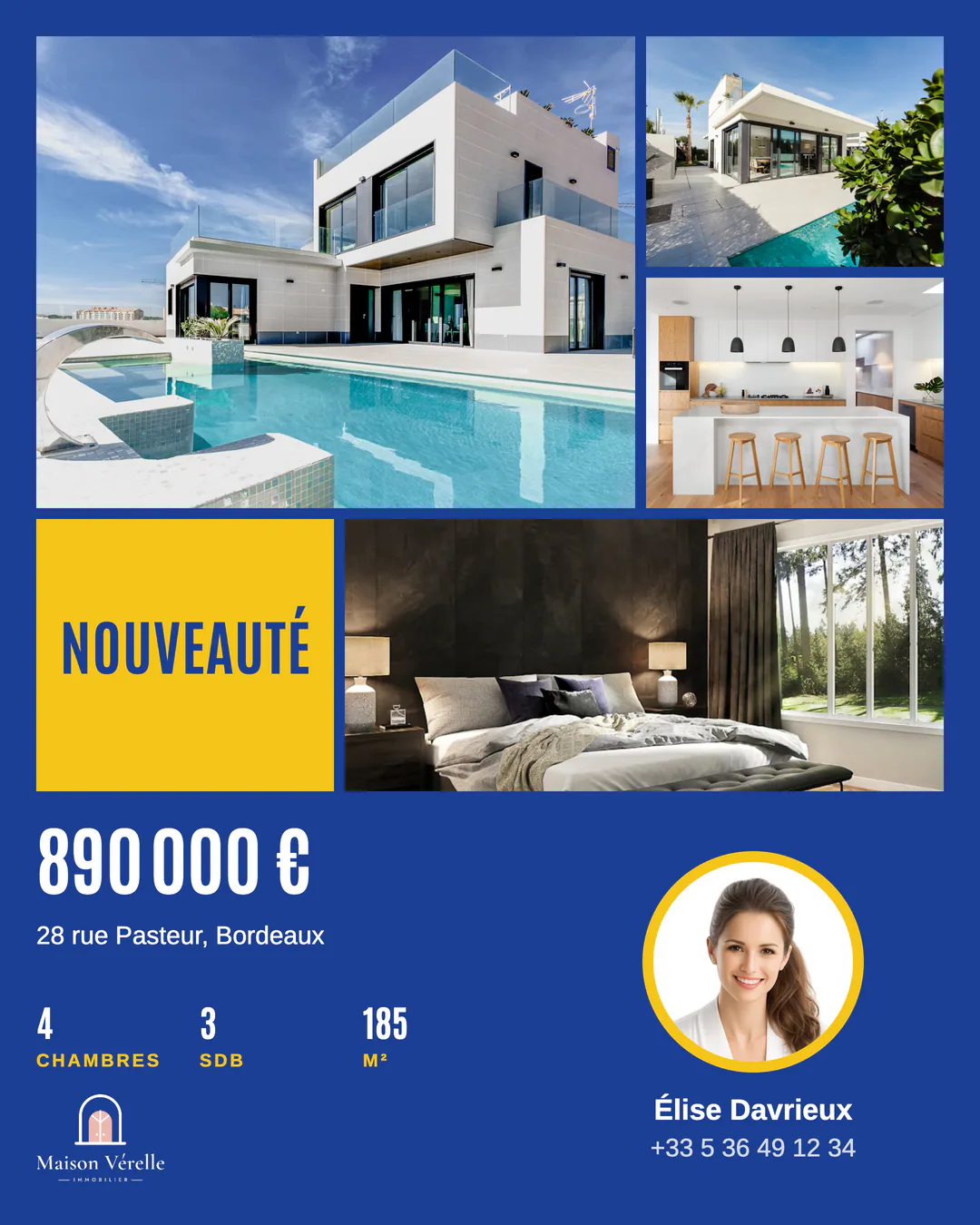 Publication « Nouveauté » Placard Royal avec une grille de quatre photos, le prix, les caractéristiques du bien et la photo de l’agent
