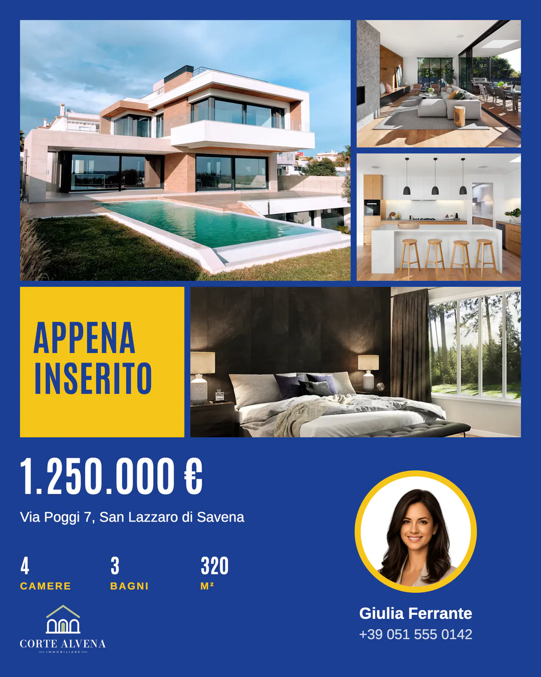 Post “Appena inserito” Placard Royal con una griglia di quattro foto, prezzo, dettagli dell’immobile e foto dell’agente