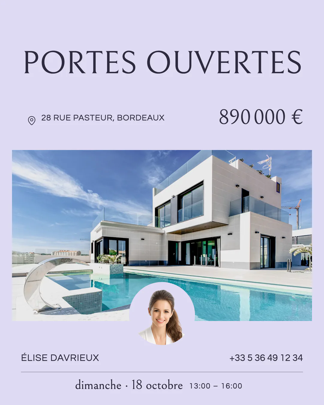 Invitation aux portes ouvertes Thistle Gauze avec la date, l’heure, l’adresse, le prix et la photo de l’agent